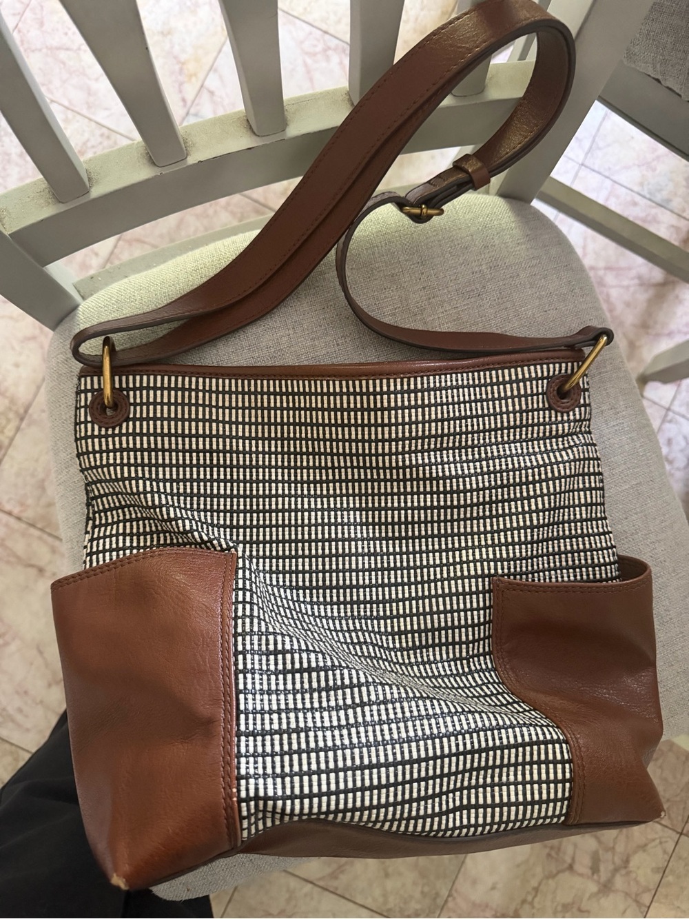 Fossil Brown Leather-Trim Black & White Pattern Shoulder Bag